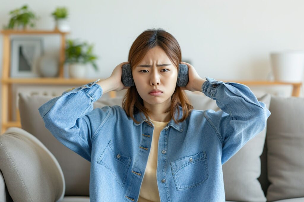 Dissatisfied angry young japanese woman sitting sofa home covering ears from excessive noise
