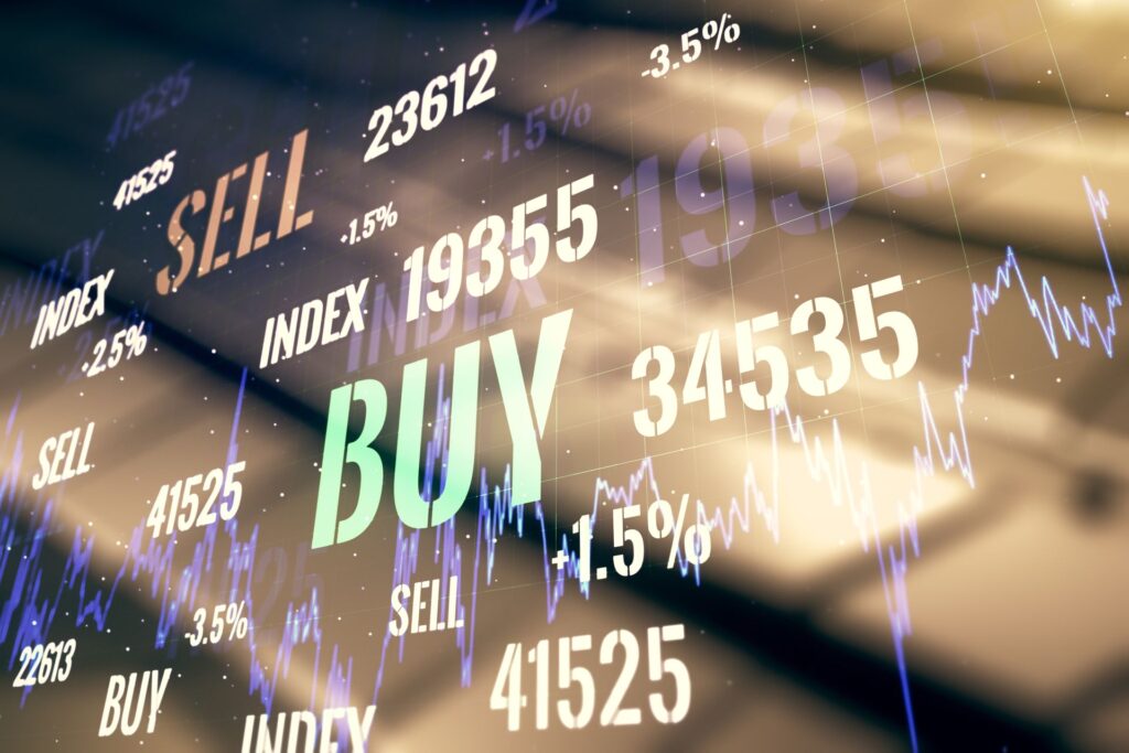 Multi exposure abstract virtual financial graph hologram blurry abstract metal background forex investment concept