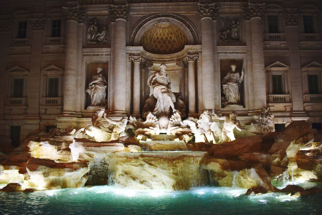 Statue fountain front historical building