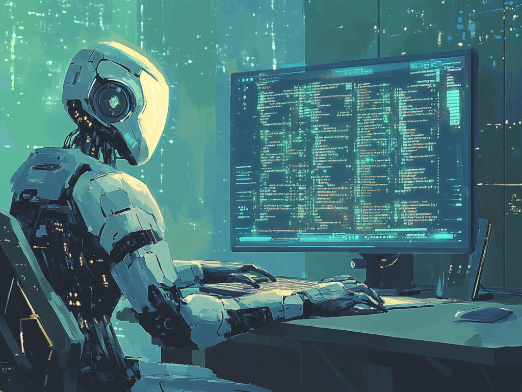 人工智慧系統在電腦螢幕前自動生成程式碼，呈現 AI 程式設計自動化的概念示意圖。