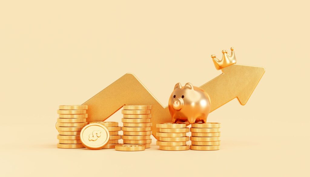 Gold piggy bank with gold coin money stacks growing arrow business finance savings investment concept background 3d illustration