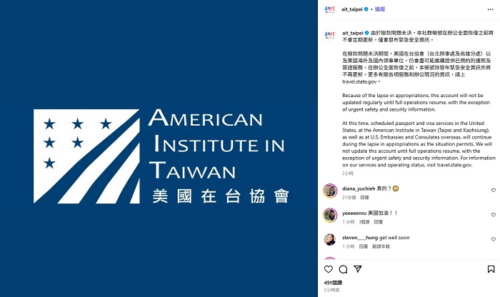 美國在台協會(AIT)稍早於臉書粉絲專頁公告表示,受政府關門影響,「在辦公全面恢復之前,社群帳號將不會定期更新,僅會發布緊急安全資訊。」
